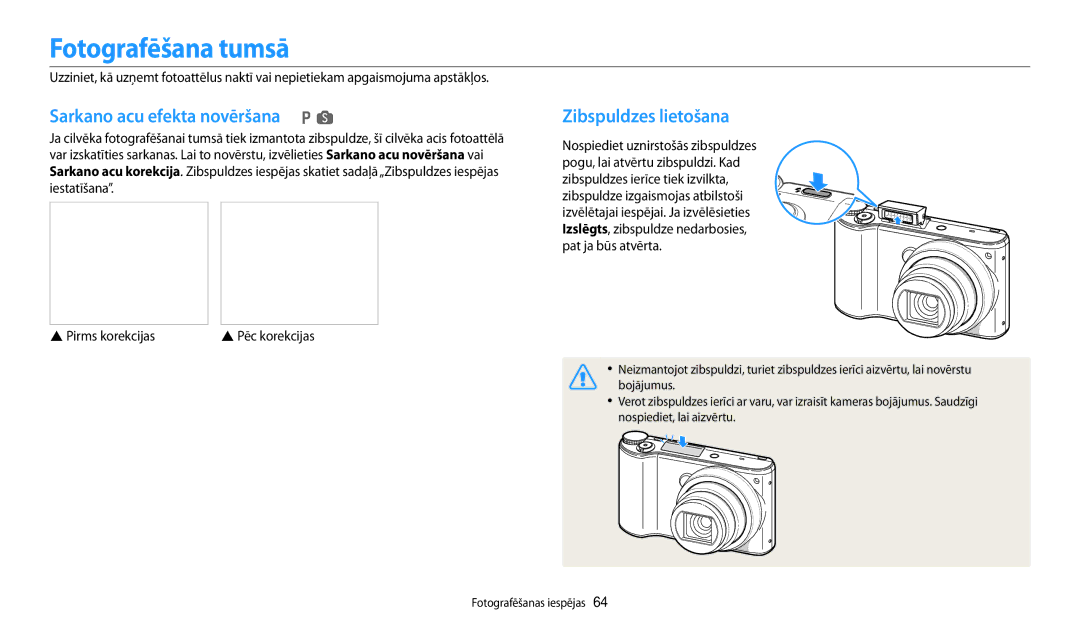 Samsung EC-WB200FBPBE2 manual Fotografēšana tumsā, Sarkano acu efekta novēršana, Zibspuldzes lietošana 