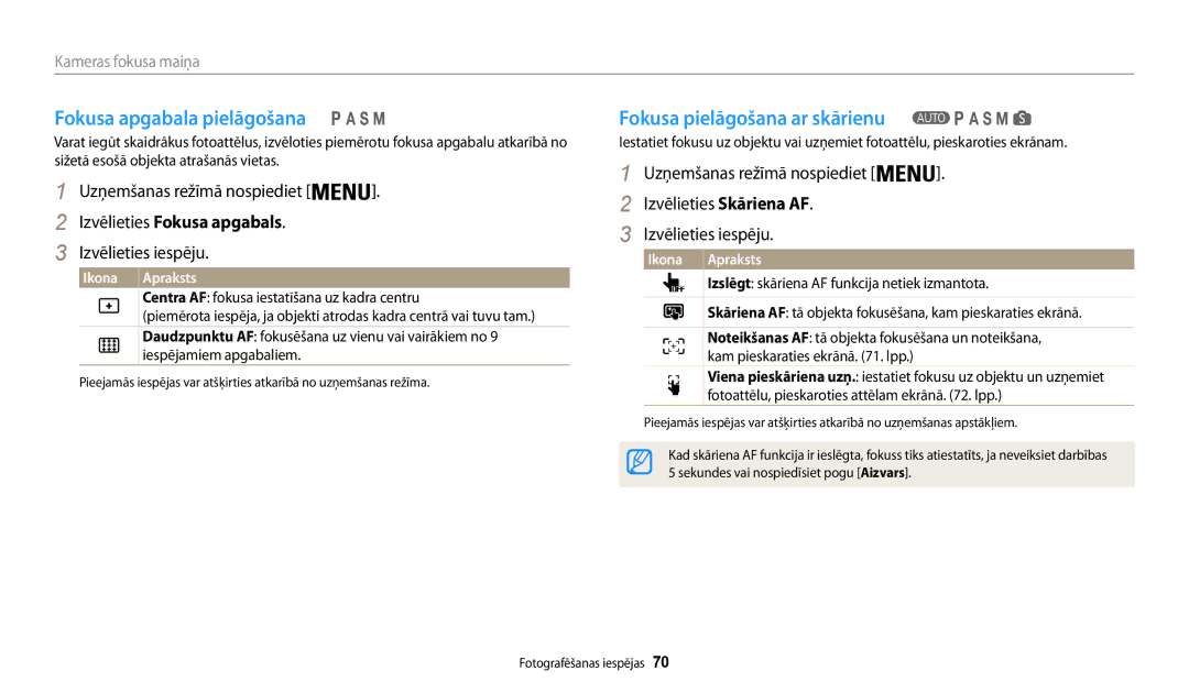 Samsung EC-WB200FBPBE2 manual Fokusa apgabala pielāgošana, Fokusa pielāgošana ar skārienu, Izvēlieties Fokusa apgabals 