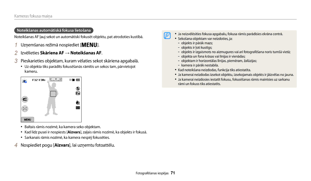 Samsung EC-WB200FBPBE2 manual Izvēlieties Skāriena AF → Noteikšanas AF, Nospiediet pogu Aizvars, lai uzņemtu fotoattēlu 