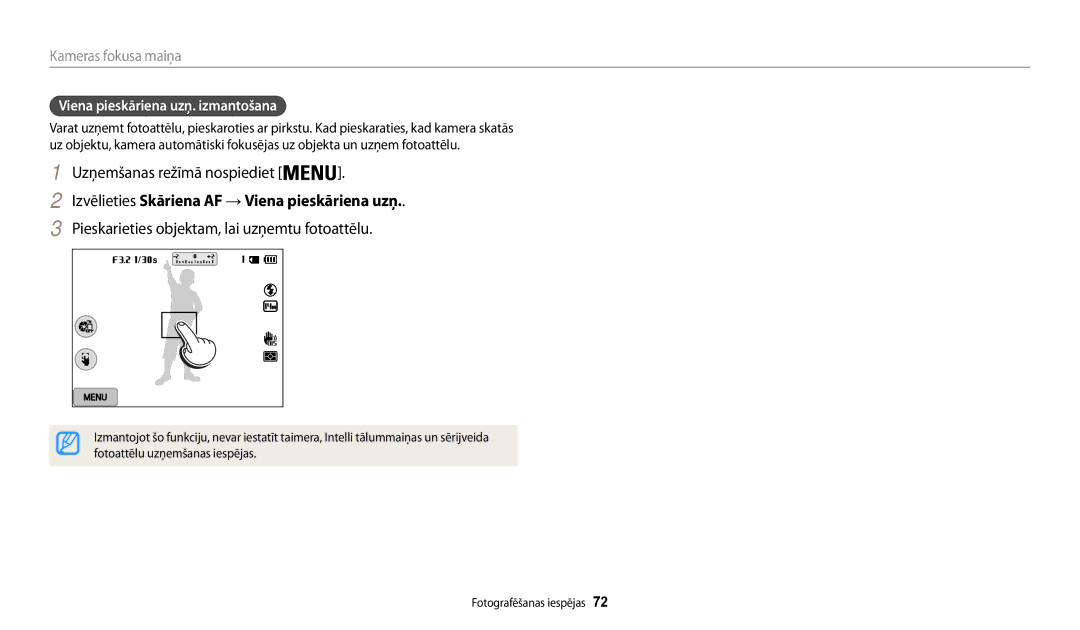 Samsung EC-WB200FBPBE2 Izvēlieties Skāriena AF → Viena pieskāriena uzņ, Pieskarieties objektam, lai uzņemtu fotoattēlu 