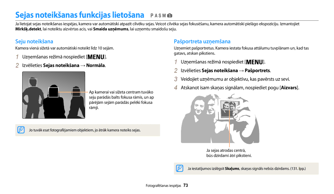 Samsung EC-WB200FBPBE2 manual Sejas noteikšanas funkcijas lietošana, Seju noteikšana, Pašportreta uzņemšana 