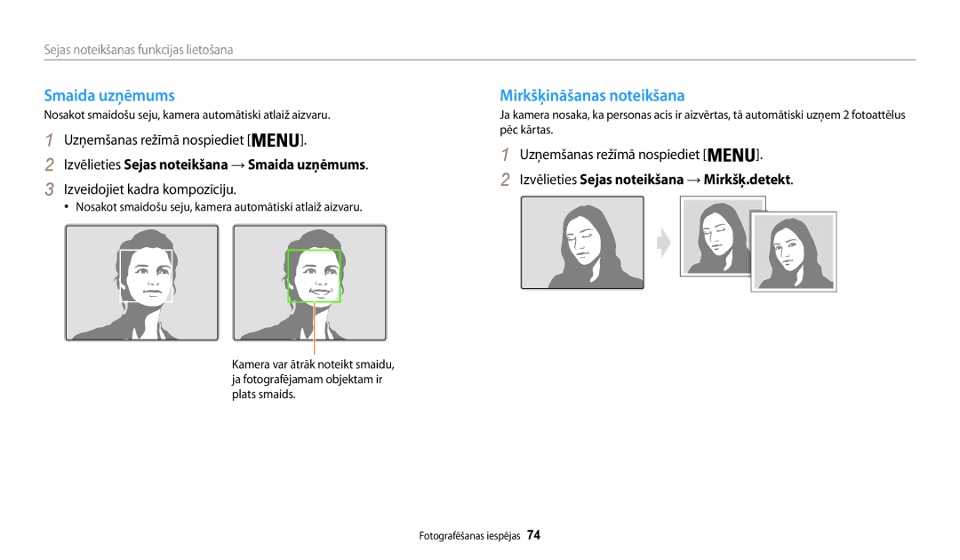 Samsung EC-WB200FBPBE2 manual Mirkšķināšanas noteikšana, Izvēlieties Sejas noteikšana → Smaida uzņēmums 