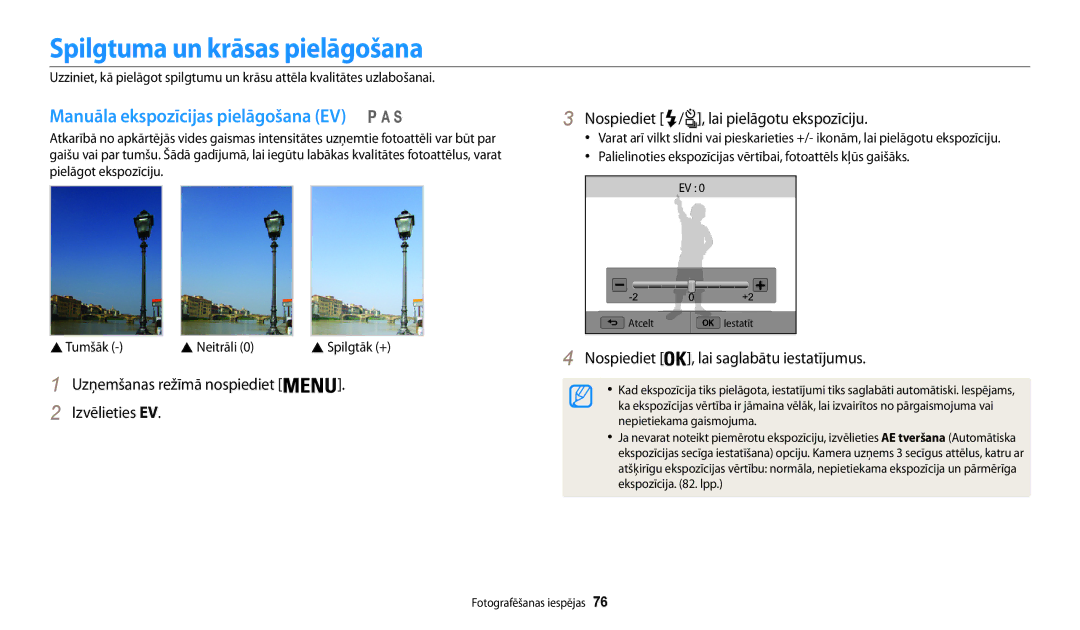 Samsung EC-WB200FBPBE2 manual Spilgtuma un krāsas pielāgošana, Manuāla ekspozīcijas pielāgošana EV 