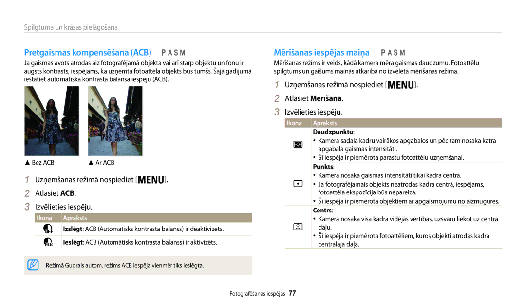 Samsung EC-WB200FBPBE2 manual Pretgaismas kompensēšana ACB, Mērīšanas iespējas maiņa, Bez ACB, Daudzpunktu 