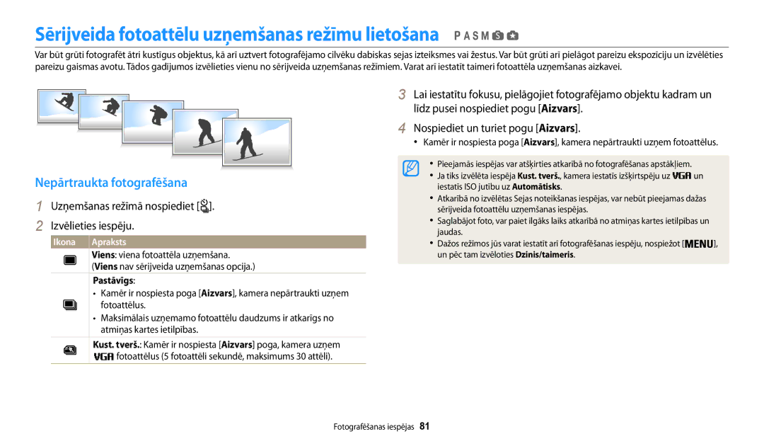 Samsung EC-WB200FBPBE2 manual Sērijveida fotoattēlu uzņemšanas režīmu lietošana, Nepārtraukta fotografēšana, Pastāvīgs 