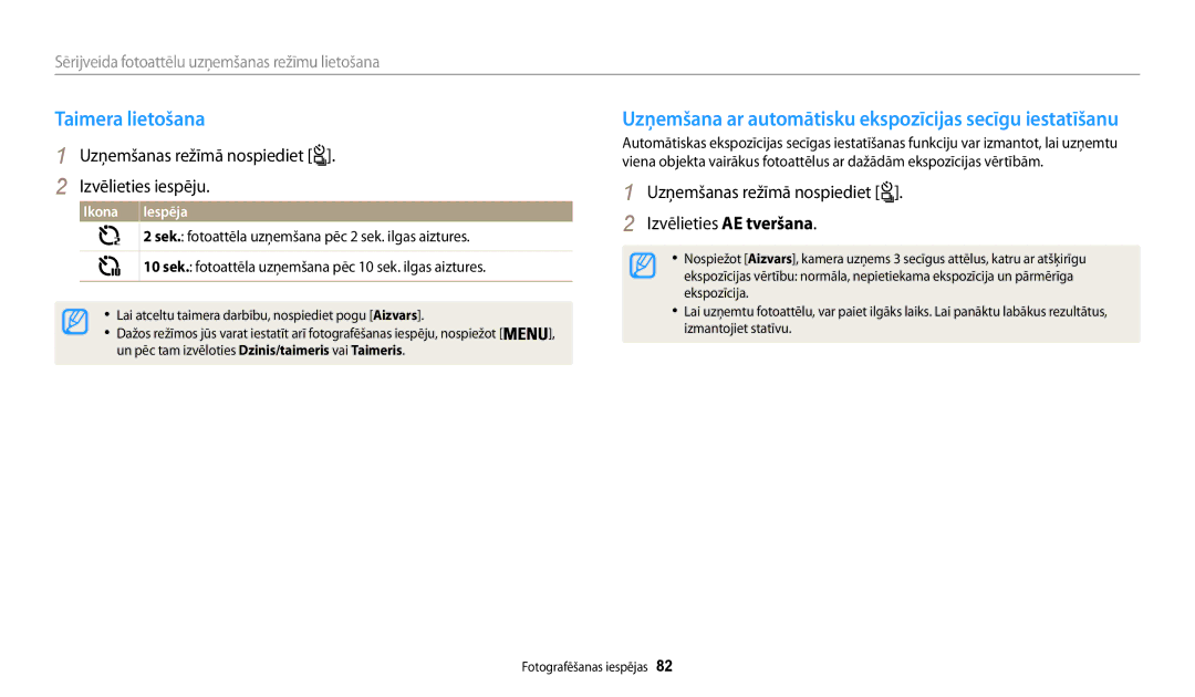 Samsung EC-WB200FBPBE2 manual Uzņemšana ar automātisku ekspozīcijas secīgu iestatīšanu 