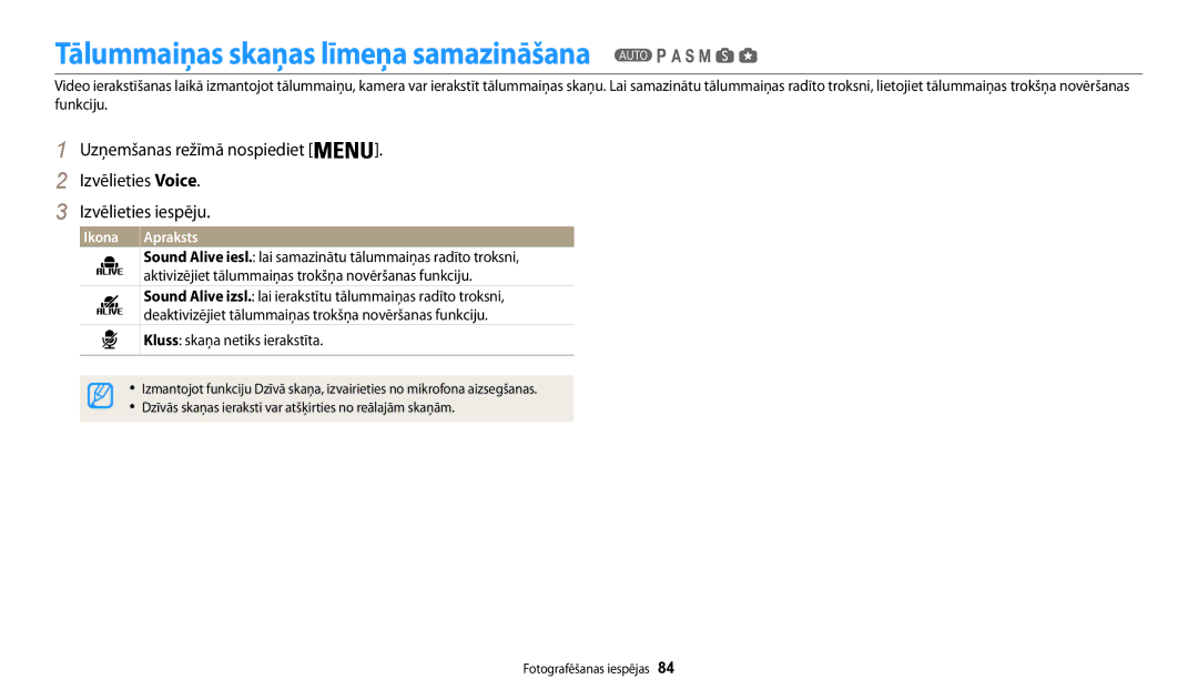 Samsung EC-WB200FBPBE2 manual Tālummaiņas skaņas līmeņa samazināšana, Aktivizējiet tālummaiņas trokšņa novēršanas funkciju 