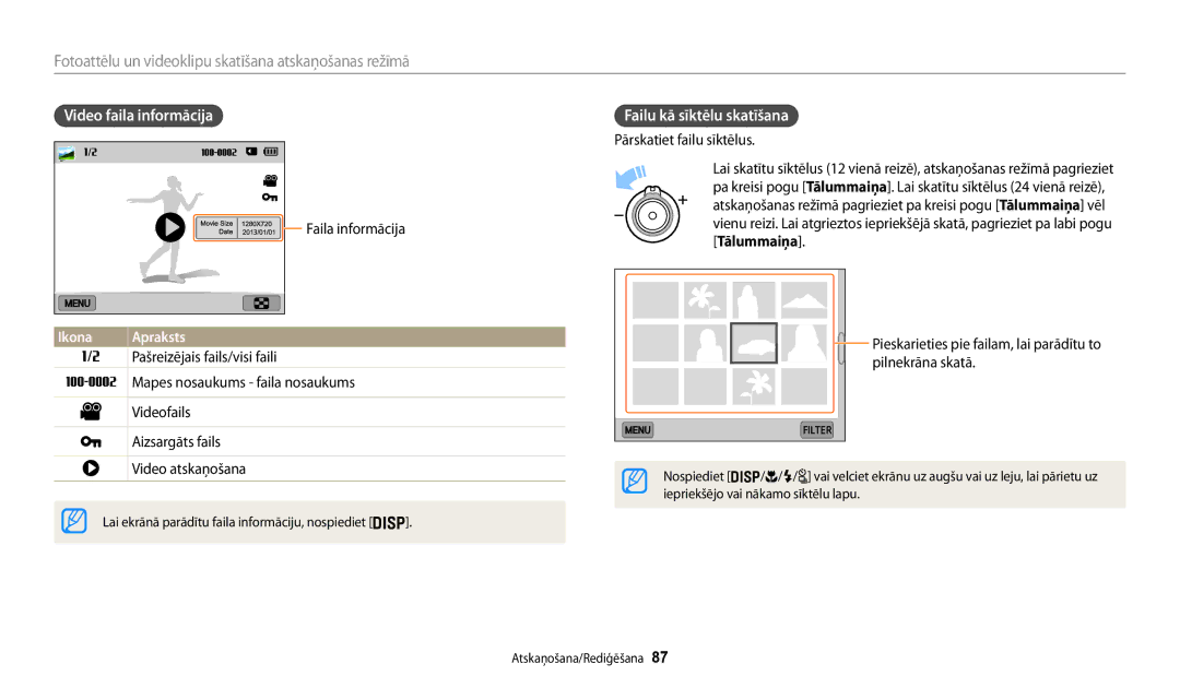 Samsung EC-WB200FBPBE2 manual Video faila informācija, Failu kā sīktēlu skatīšana 