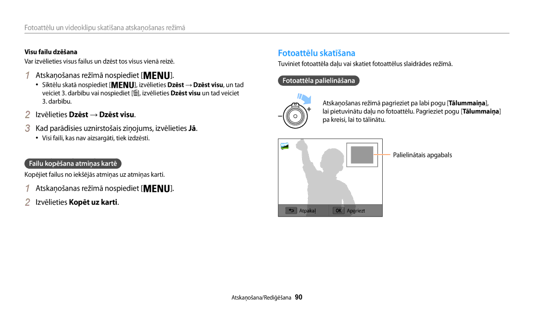 Samsung EC-WB200FBPBE2 manual Fotoattēlu skatīšana, Izvēlieties Dzēst → Dzēst visu, Izvēlieties Kopēt uz karti 