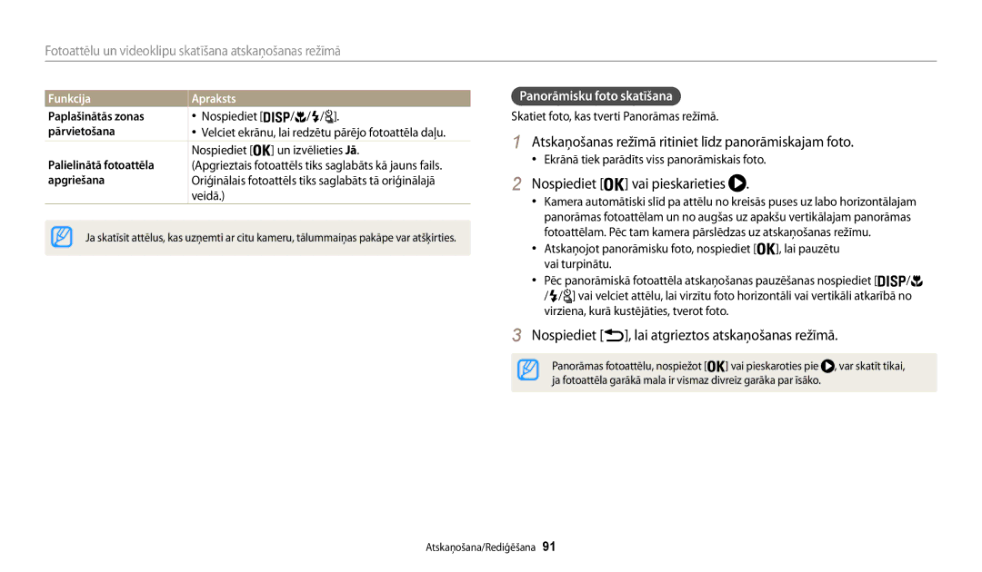 Samsung EC-WB200FBPBE2 manual Atskaņošanas režīmā ritiniet līdz panorāmiskajam foto, Panorāmisku foto skatīšana 