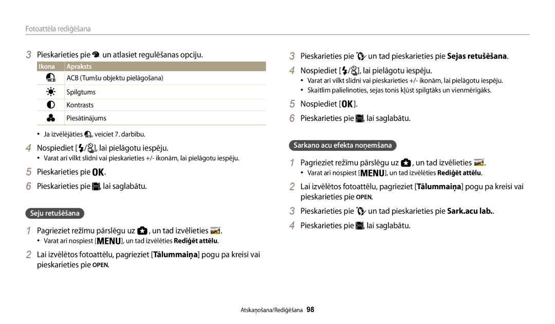 Samsung EC-WB200FBPBE2 manual Nospiediet Lai pielāgotu iespēju, Sarkano acu efekta noņemšana 