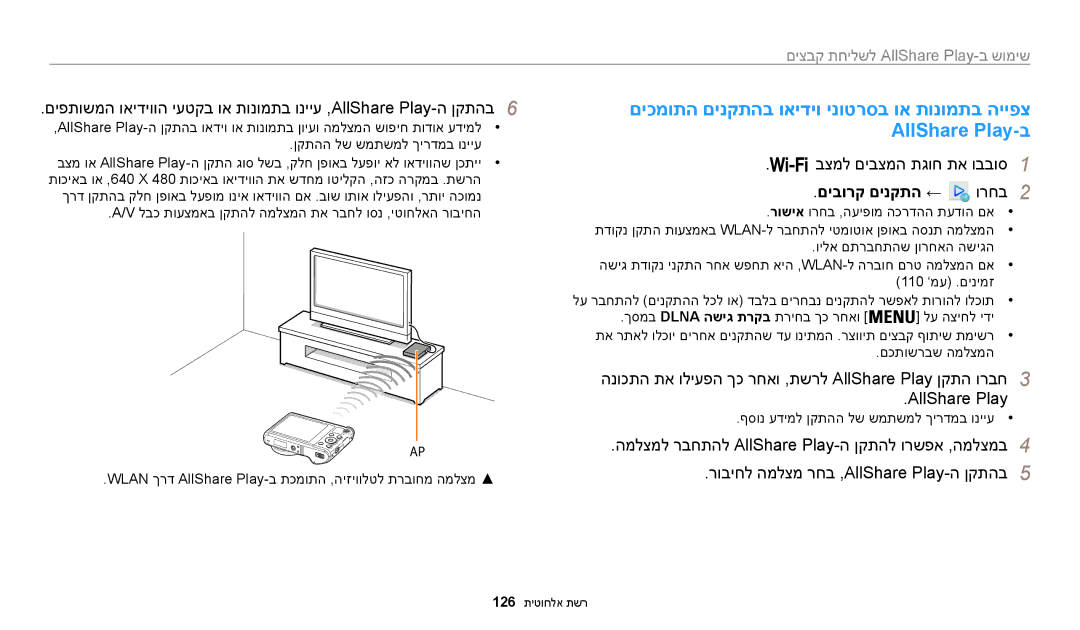 Samsung EC-WB200FBPBIL, EC-WB200FBPRIL manual םיבורק םינקתה ←, הנוכתה תא וליעפה ךכ רחאו ,תשרל AllShare Play ןקתה ורבח3 