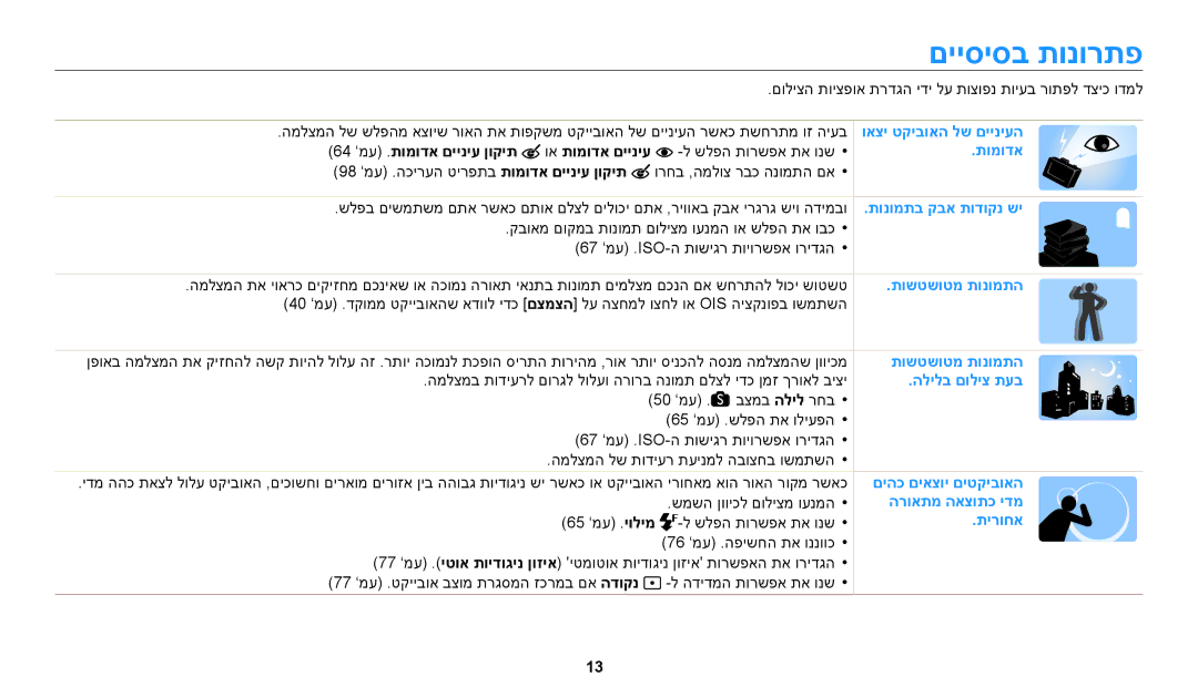 Samsung EC-WB200FBPWIL, EC-WB200FBPRIL, EC-WB200FBPBIL manual םייסיסב תונורתפ, 64 ’מע .תומודא םייניע ןוקית וא תומודא םייניע 