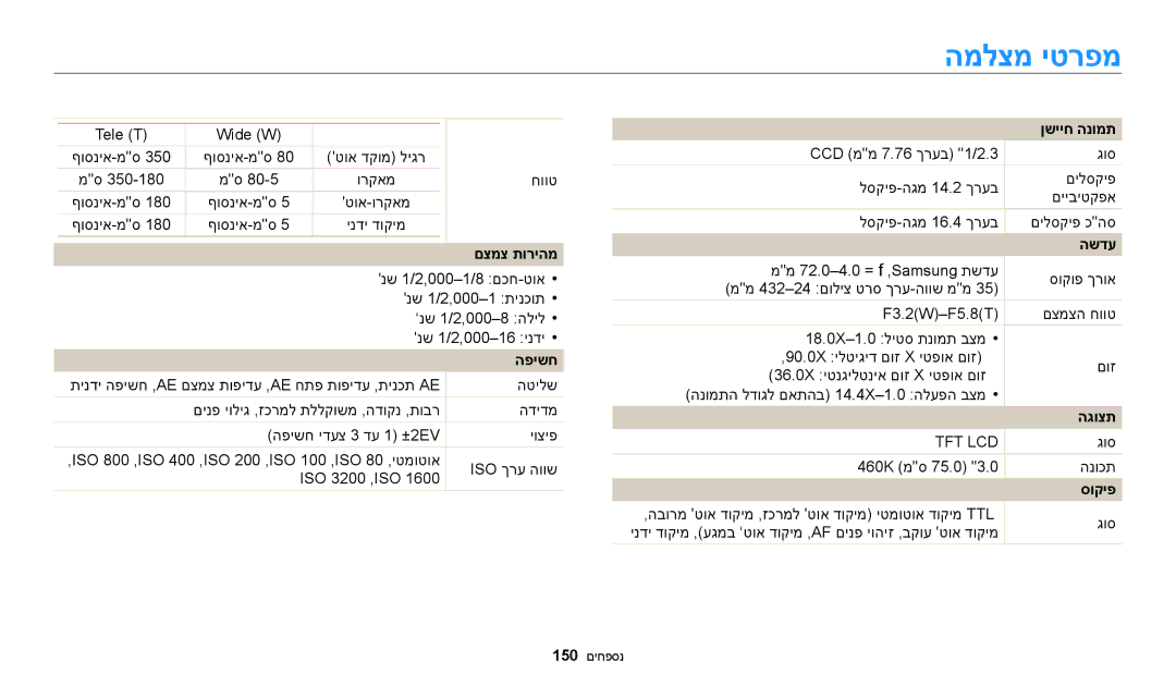 Samsung EC-WB200FBPBIL, EC-WB200FBPRIL, EC-WB200FBPWIL manual המלצמ יטרפמ 