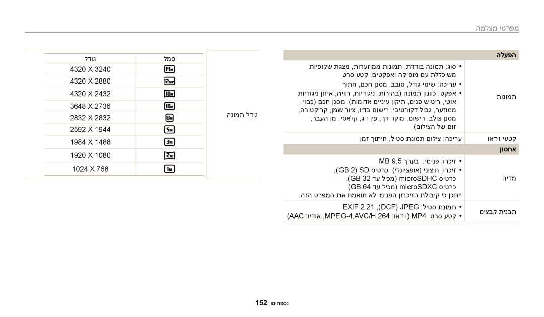 Samsung EC-WB200FBPRIL, EC-WB200FBPBIL, EC-WB200FBPWIL manual למס, 4320 X 3648 X 2832 X 2592 X 1984 X 1920 X 1024 X, ןוסחא 