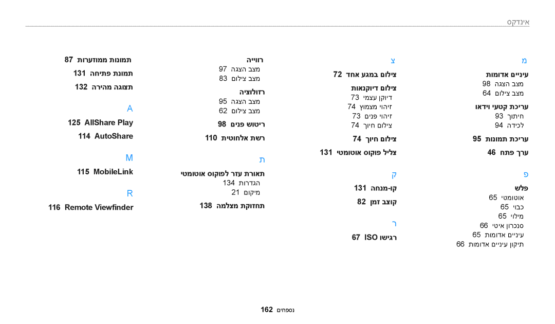 Samsung EC-WB200FBPBIL manual 95 הגצה בצמ 62 םוליצ בצמ, 134 תורדגה 21 םוקימ, 98 הגצה בצמ 64 םוליצ בצמ, 93 ךותיח 94 הדיכל 