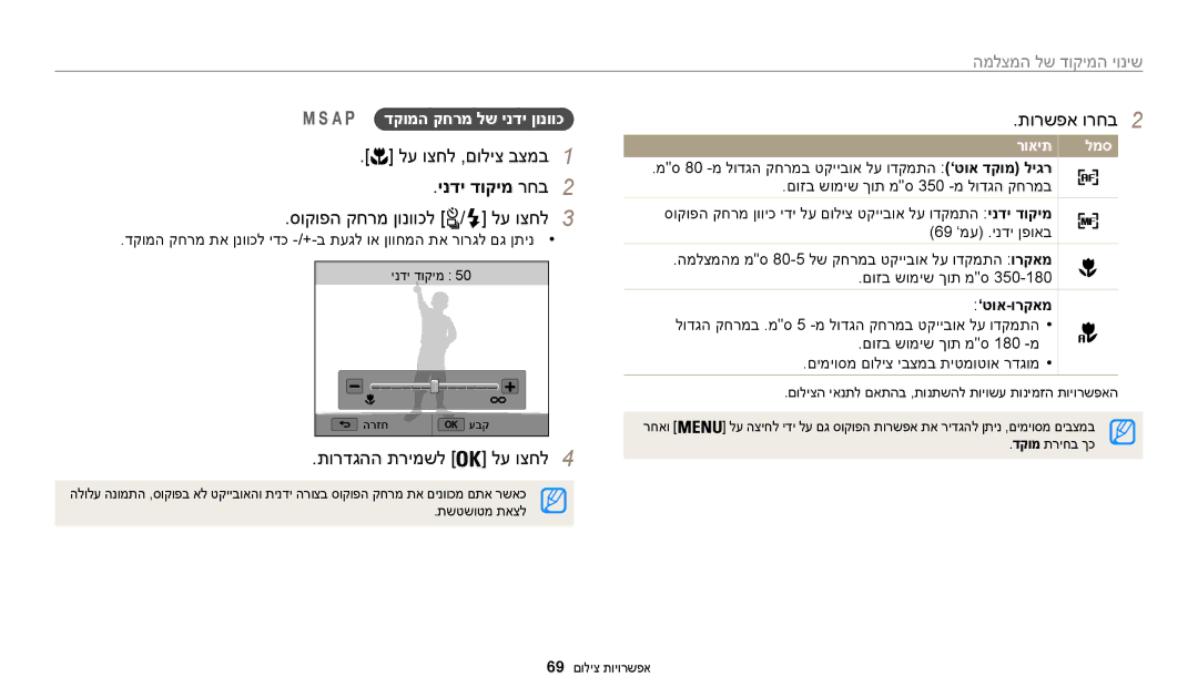 Samsung EC-WB200FBPBIL manual ינדי דוקימ רחב 2, סוקופה קחרמ ןונווכל / לע וצחל3, תורשפא ורחב2, שינוי המיקוד של המצלמה 