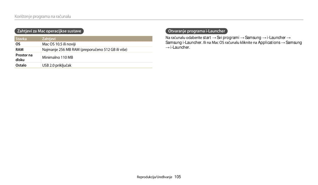 Samsung EC-WB200FBPWE3, EC-WB200FBPBE3 manual Zahtjevi za Mac operacijkse sustave, Otvaranje programa i-Launcher 
