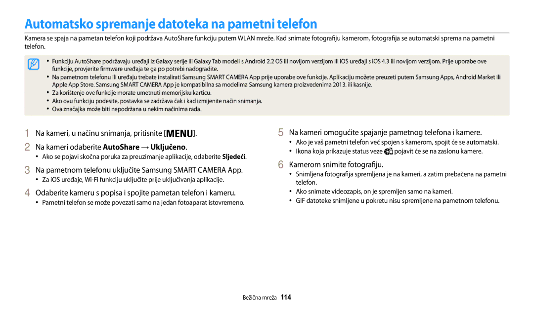 Samsung EC-WB200FBPBE3 manual Automatsko spremanje datoteka na pametni telefon, Na kameri odaberite AutoShare → Uključeno 