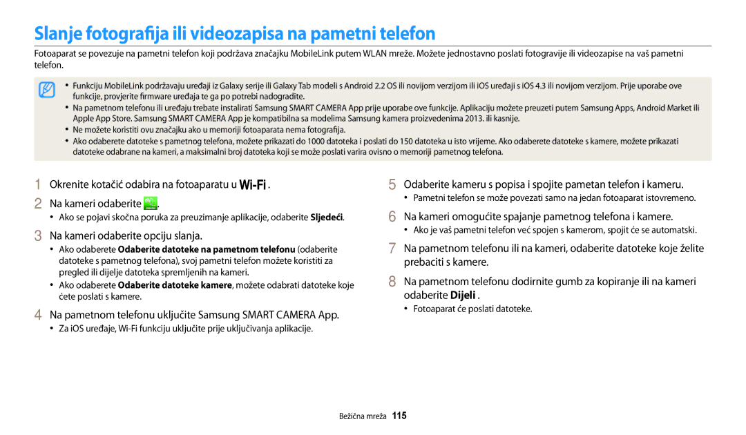 Samsung EC-WB200FBPWE3 manual Slanje fotografija ili videozapisa na pametni telefon, Na kameri odaberite opciju slanja 