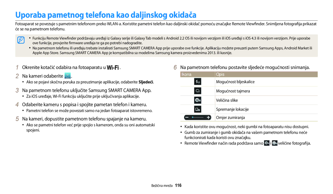 Samsung EC-WB200FBPBE3, EC-WB200FBPWE3 manual Uporaba pametnog telefona kao daljinskog okidača 