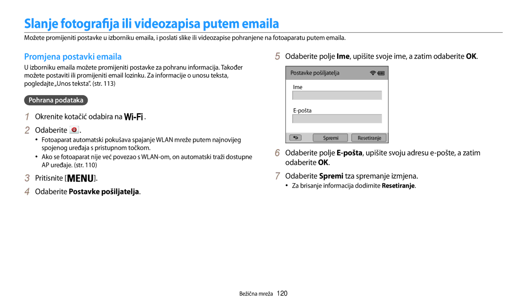 Samsung EC-WB200FBPBE3 manual Slanje fotografija ili videozapisa putem emaila, Promjena postavki emaila, Pohrana podataka 