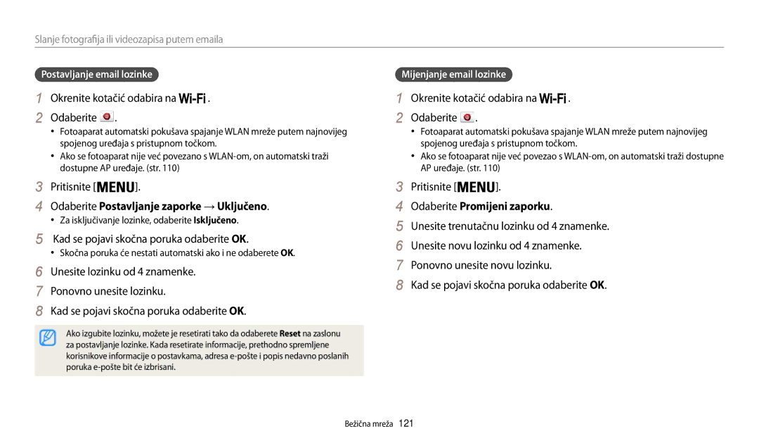 Samsung EC-WB200FBPWE3 manual Odaberite Postavljanje zaporke → Uključeno, Kad se pojavi skočna poruka odaberite OK 