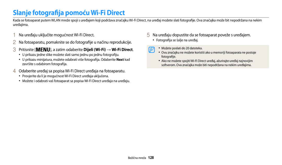 Samsung EC-WB200FBPBE3 Slanje fotografija pomoću Wi-Fi Direct, Na uređaju uključite mogućnost Wi-Fi Direct, Pritisnite 