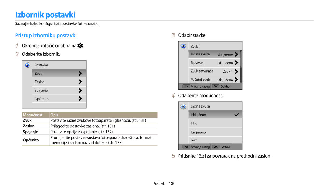 Samsung EC-WB200FBPBE3 manual Izbornik postavki, Pristup izborniku postavki, Okrenite kotačić odabira na Odaberite izbornik 