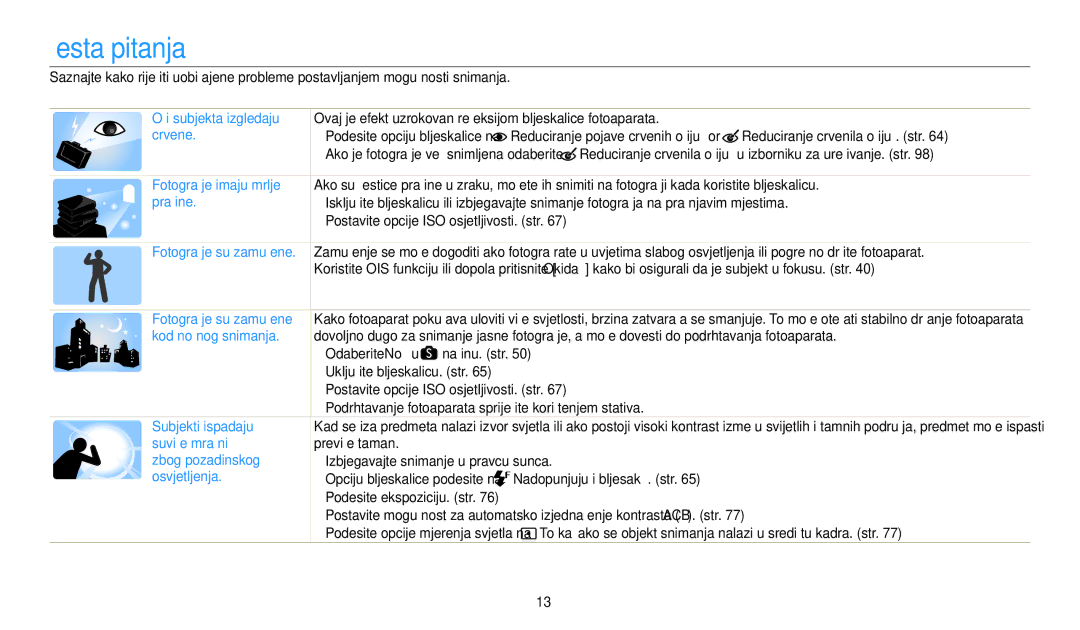 Samsung EC-WB200FBPWE3, EC-WB200FBPBE3 manual Česta pitanja, Reduciranje crvenila očiju. str, Nadopunjujući bljesak. str 