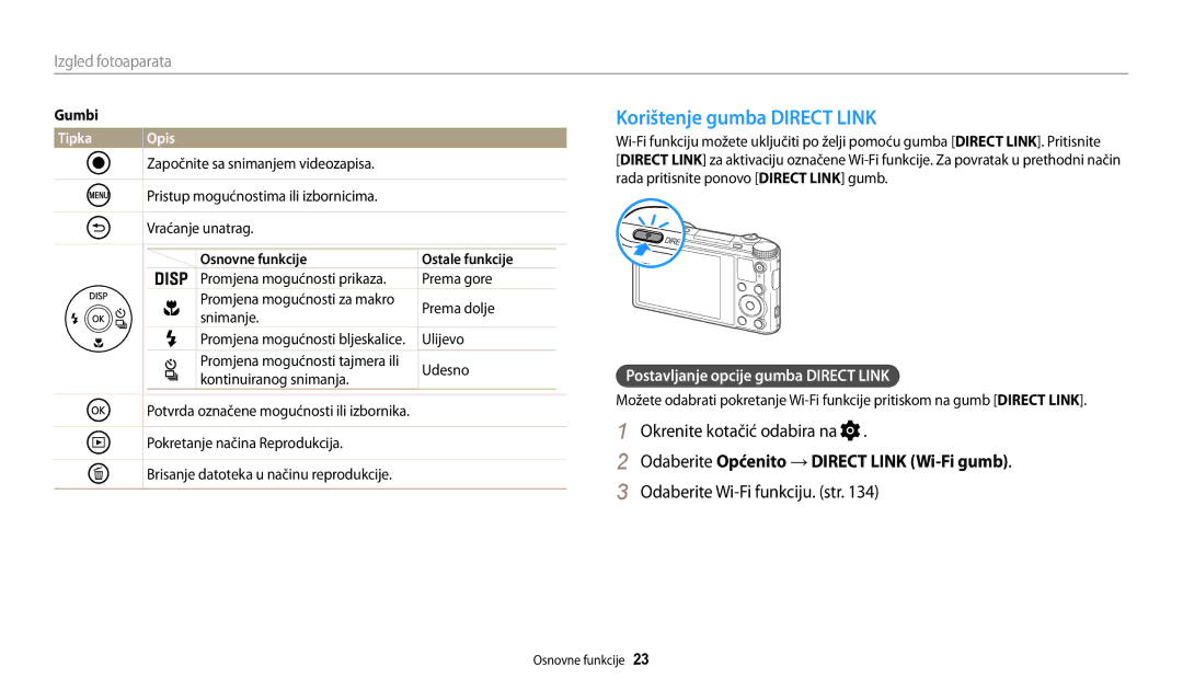 Samsung EC-WB200FBPWE3 manual Korištenje gumba Direct Link, Okrenite kotačić odabira na, Odaberite Wi-Fi funkciju. str 