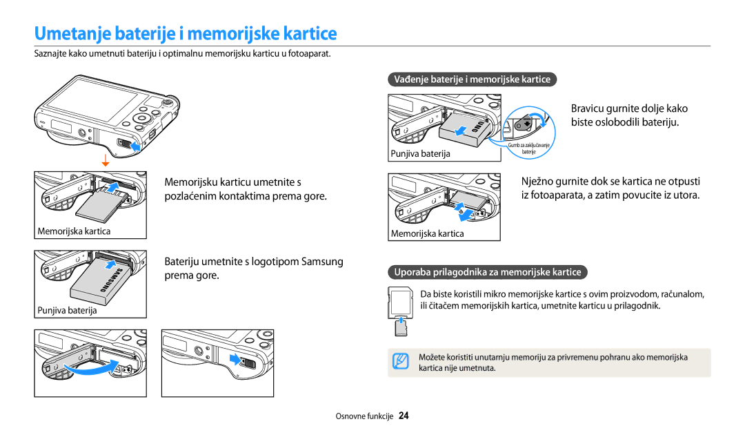 Samsung EC-WB200FBPBE3 manual Umetanje baterije i memorijske kartice, Bateriju umetnite s logotipom Samsung prema gore 