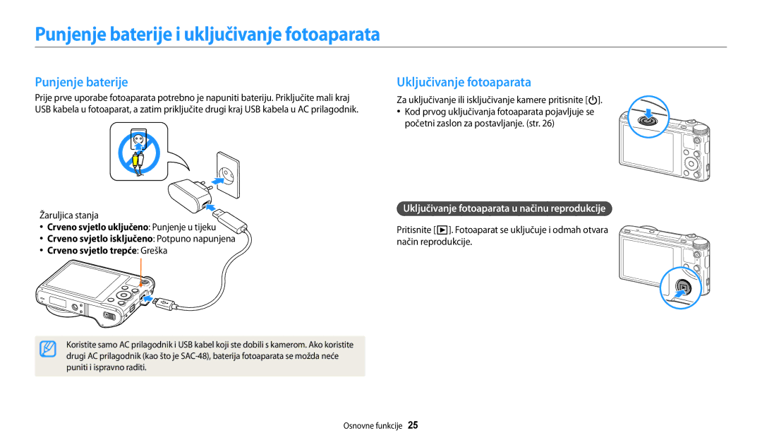 Samsung EC-WB200FBPWE3, EC-WB200FBPBE3 manual Punjenje baterije i uključivanje fotoaparata, Uključivanje fotoaparata 