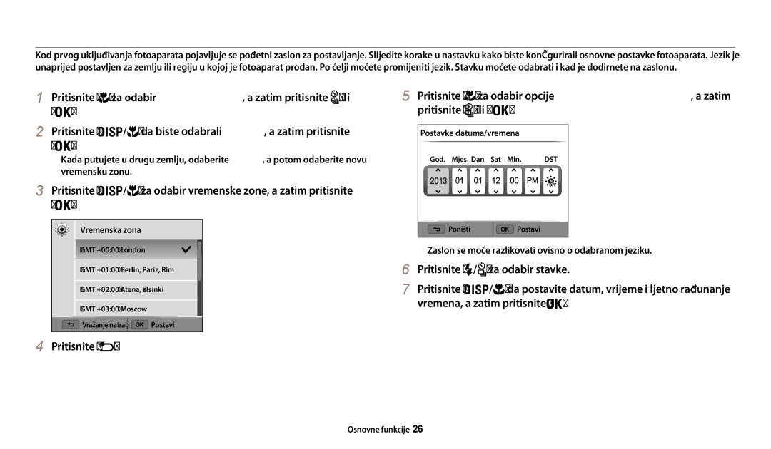 Samsung EC-WB200FBPBE3 manual Izvođenje početnog postavljanja, Pritisnite / za odabir vremenske zone, a zatim pritisnite 