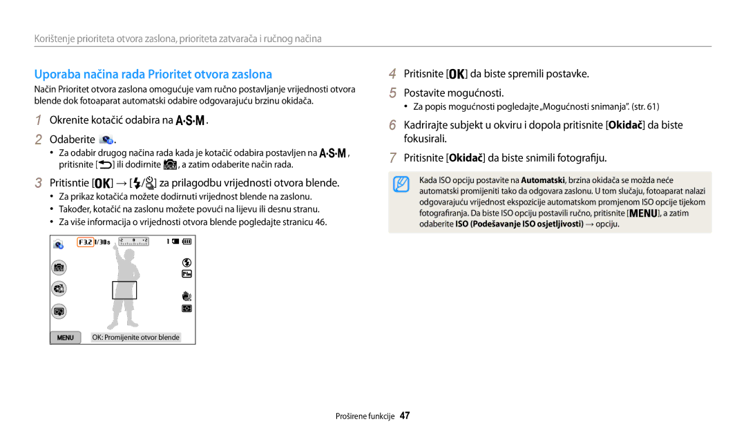 Samsung EC-WB200FBPWE3, EC-WB200FBPBE3 Uporaba načina rada Prioritet otvora zaslona, Okrenite kotačić odabira na Odaberite 