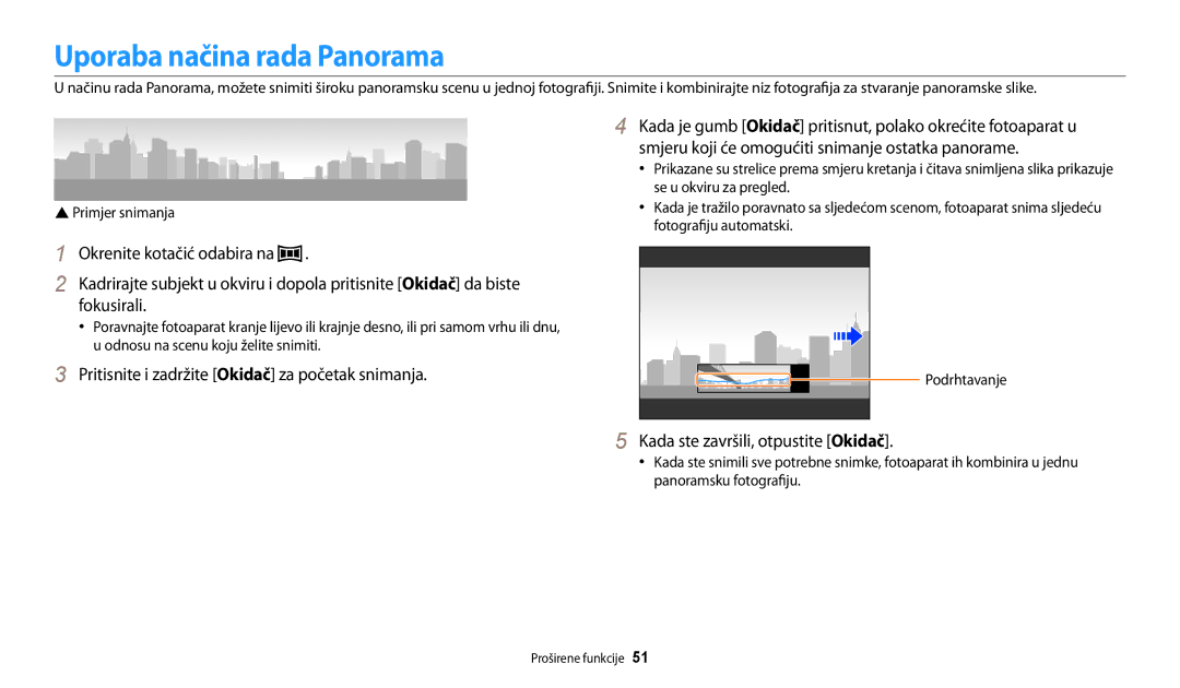 Samsung EC-WB200FBPWE3, EC-WB200FBPBE3 Uporaba načina rada Panorama, Smjeru koji će omogućiti snimanje ostatka panorame 