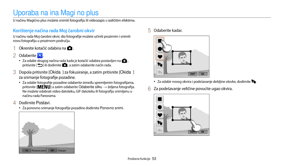 Samsung EC-WB200FBPWE3 manual Uporaba načina Magično plus, Korištenje načina rada Moj čarobni okvir, Dodirnite Postavi 