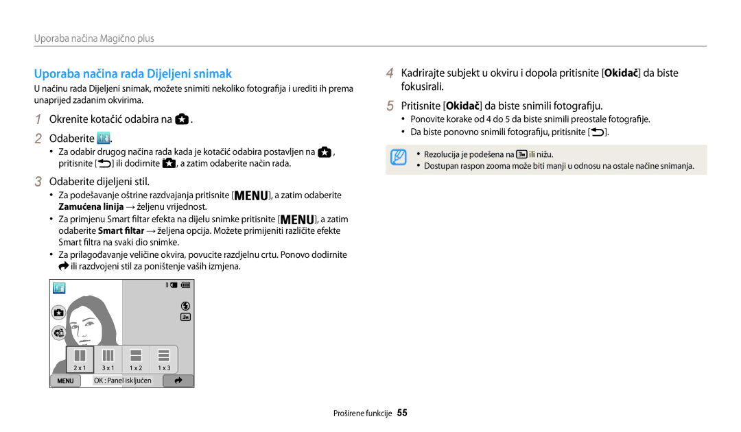 Samsung EC-WB200FBPWE3, EC-WB200FBPBE3 manual Uporaba načina rada Dijeljeni snimak, Odaberite dijeljeni stil 