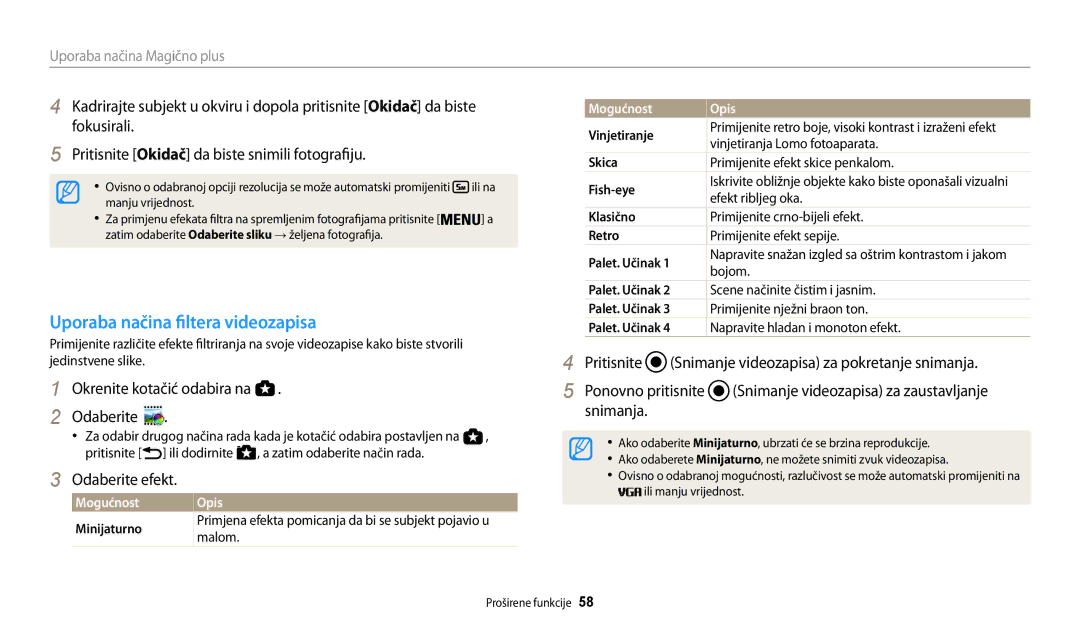 Samsung EC-WB200FBPBE3 manual Uporaba načina filtera videozapisa, Mogućnost Opis Minijaturno, Malom, Palet. Učinak 