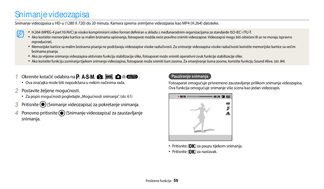 Samsung EC-WB200FBPWE3, EC-WB200FBPBE3 Snimanje videozapisa, Okrenite kotačić odabira na , , , , ili, Pauziranje snimanja 