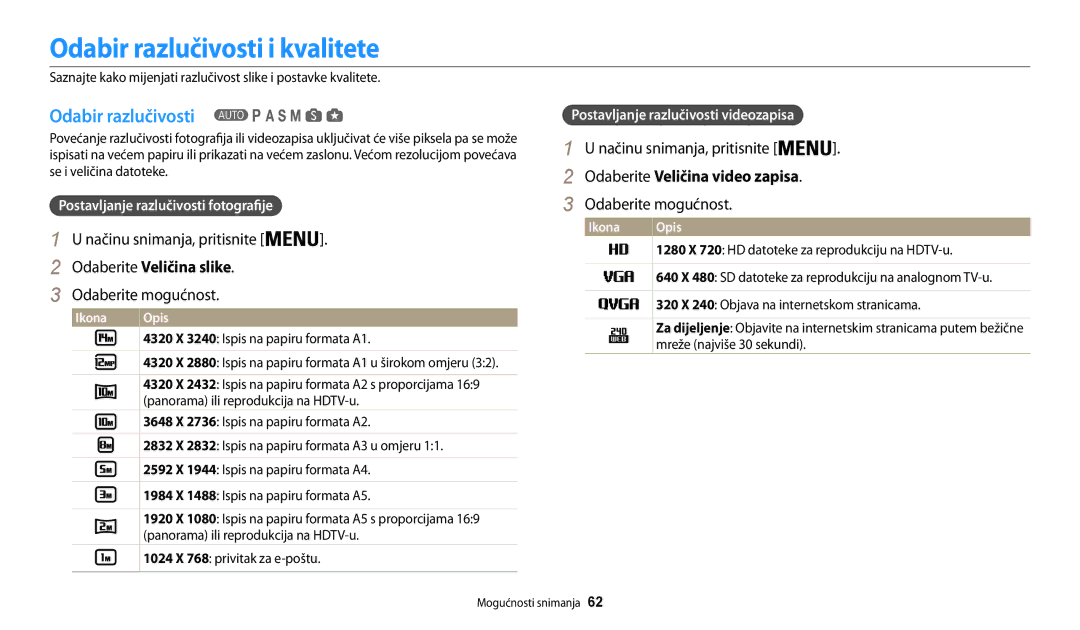 Samsung EC-WB200FBPBE3 manual Odabir razlučivosti i kvalitete, Odaberite Veličina slike, Odaberite Veličina video zapisa 