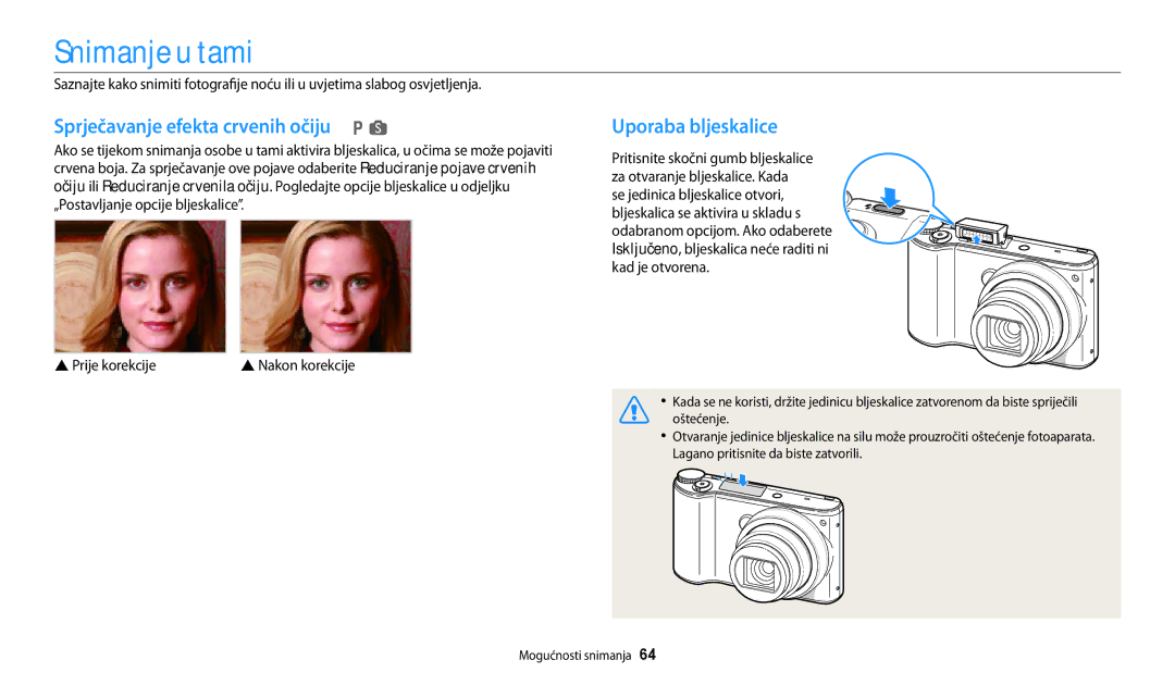 Samsung EC-WB200FBPBE3, EC-WB200FBPWE3 manual Snimanje u tami, Sprječavanje efekta crvenih očiju, Uporaba bljeskalice 