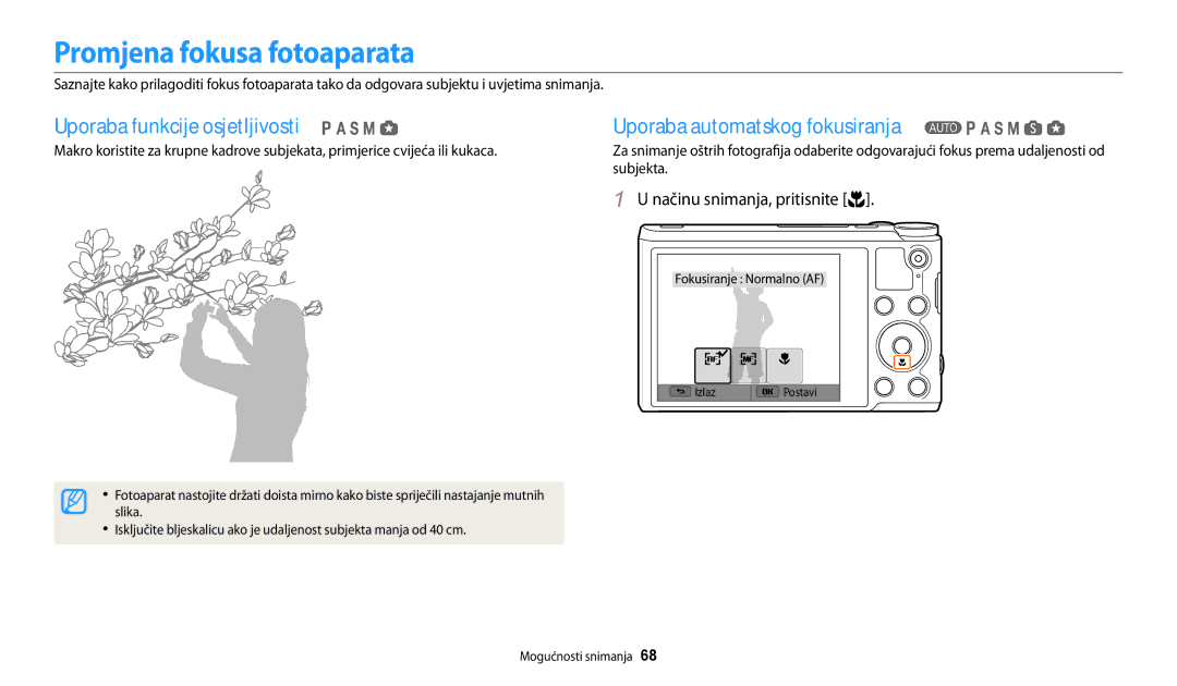 Samsung EC-WB200FBPBE3 manual Promjena fokusa fotoaparata, Uporaba funkcije osjetljivosti, Uporaba automatskog fokusiranja 