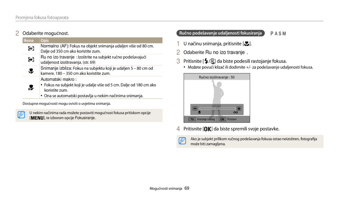 Samsung EC-WB200FBPWE3 Odaberite Ručno izoštravanje, Pritisnite / da biste podesili rastojanje fokusa, Automatski makro 