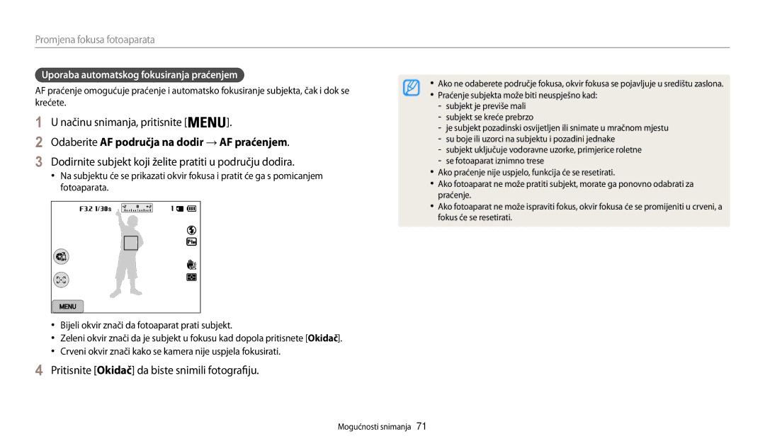 Samsung EC-WB200FBPWE3 manual Odaberite AF područja na dodir → AF praćenjem, Uporaba automatskog fokusiranja praćenjem 