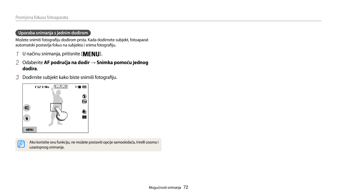 Samsung EC-WB200FBPBE3, EC-WB200FBPWE3 Dodirnite subjekt kako biste snimili fotografiju, Uporaba snimanja s jednim dodirom 