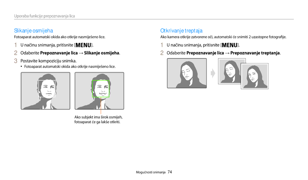 Samsung EC-WB200FBPBE3 manual Slikanje osmijeha Otkrivanje treptaja, Odaberite Prepoznavanje lica → Slikanje osmijeha 