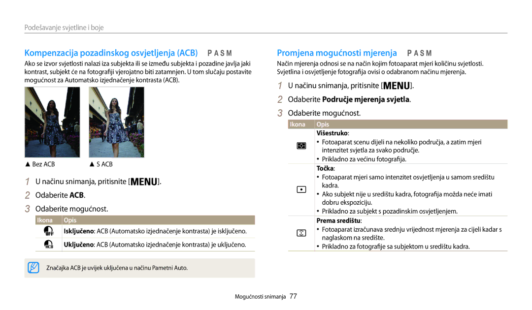 Samsung EC-WB200FBPWE3 manual Promjena mogućnosti mjerenja, Odaberite Područje mjerenja svjetla, Bez ACB, Višestruko 