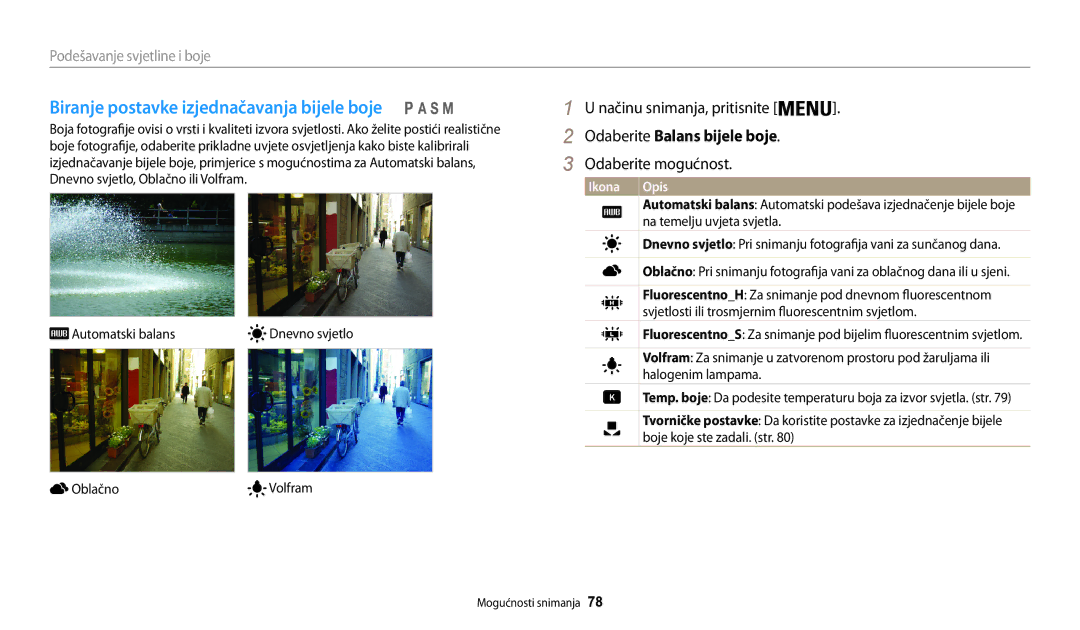 Samsung EC-WB200FBPBE3 manual Biranje postavke izjednačavanja bijele boje, Na temelju uvjeta svjetla, Halogenim lampama 