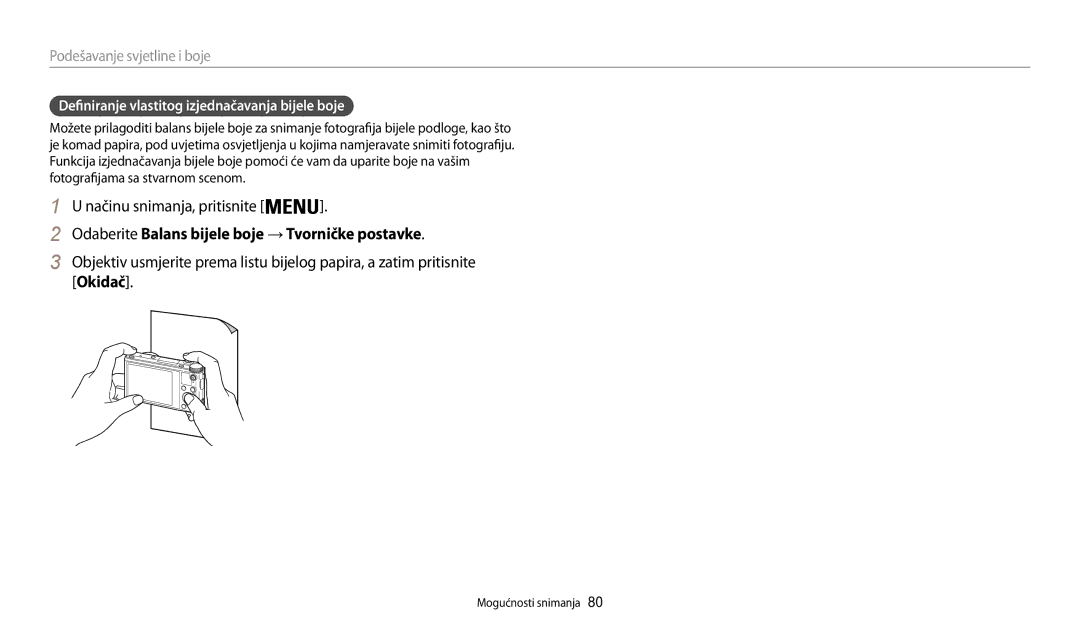 Samsung EC-WB200FBPBE3, EC-WB200FBPWE3 manual Odaberite Balans bijele boje → Tvorničke postavke, Okidač 